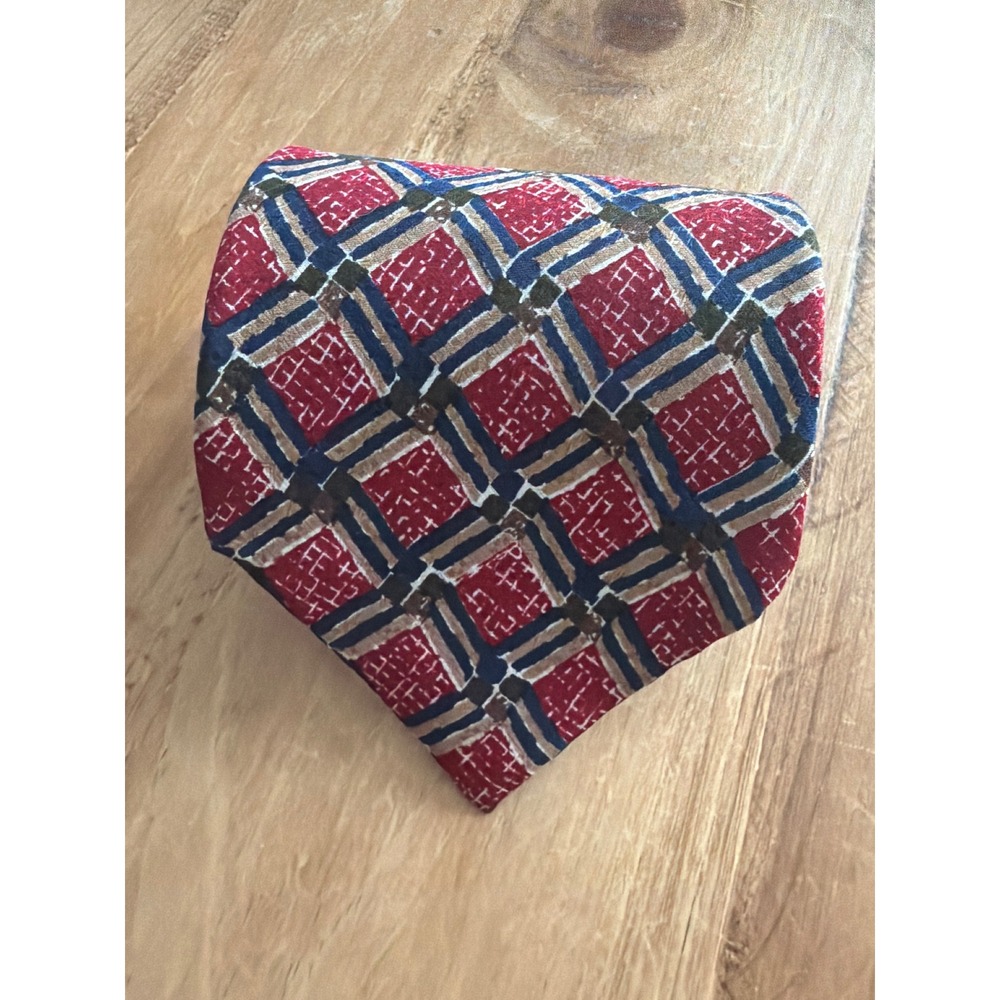 H. Stockton Atlanta Tie Mens Red Blue Gold Excellent Silk Geometric Hand Made